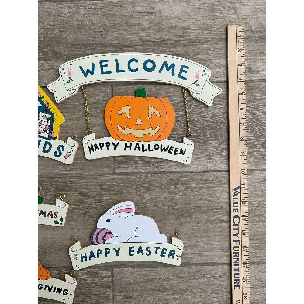 Vintage Hanging Wooden Holiday Welcome Sign Easter Halloween Christmas Friends